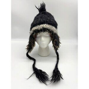 American Eagle Outfitters Trapper Hat With Faux Fur & Pom Pom Black/Gray Wool/Al